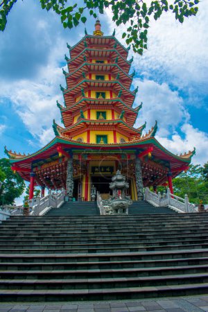 The dashing Avalokitesvara pagoda in the morning is located in Semarang, Central Java, Indonesia. The pagoda is a popular spot for tourists who come to visit and enjoy the spectacular view from here.