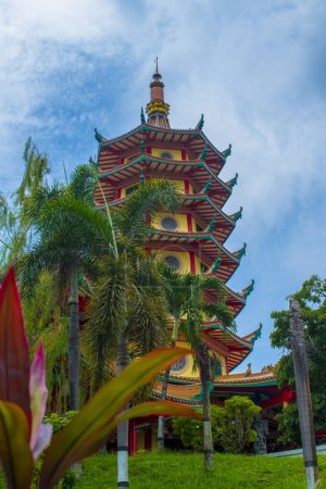 The dashing Avalokitesvara pagoda in the morning is located in Semarang, Central Java, Indonesia. The pagoda is a popular spot for tourists who come to visit and enjoy the spectacular view from here.