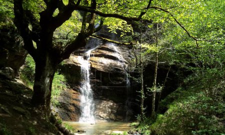 panoramic view of beautiful waterfall in the beech forest of the Gorbea natural park, Basque Country, Spain 
