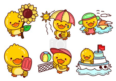 Illustration for The theme of this icon set is Duck Beach. Set of cartoon duck character. Cute yellow baby duck icons. Duck cartoon doodle set. Summer time images. Ducklings with variations activities in summer. - Royalty Free Image