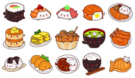 Téléchargez les illustrations : Le thème de cette illustration est Nourriture japonaise. Clip art japonais. Emoji de l'icône de la nourriture. Neko sushi yum mignon. Taiyaki avec chat. Rouleau de sushi. Mignon onigiri emoji. Adorable street food japonais. - en licence libre de droit