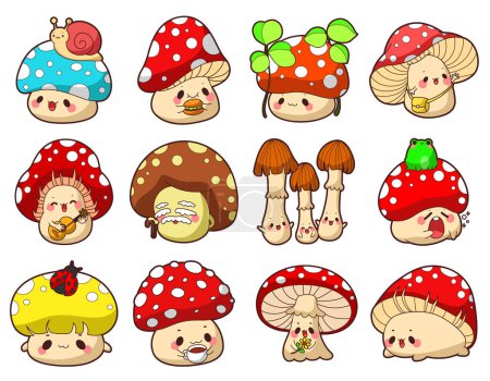 Illustration for Cute Mushroom characters icon set. Elements of mushroom cartoon nature plants. Mushrooms cute style illustrations - Royalty Free Image