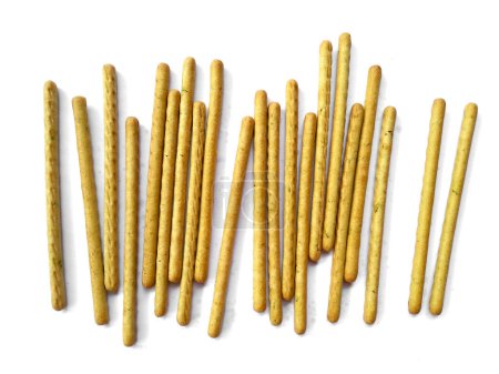 Bread sticks on white background. Breadsticks top view on white background. Snack sticks