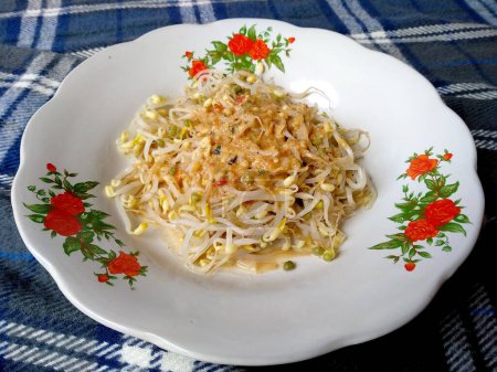 traditionelle indonesische Küche. Toge / Tauge Rebus oder Kecambah Kacang Hijau mit Erdnusssoße. Tauge Rebus Indonesisches Essen, das einfach ist und oft zu Hause zubereitet wird. Indonesisches Street Food