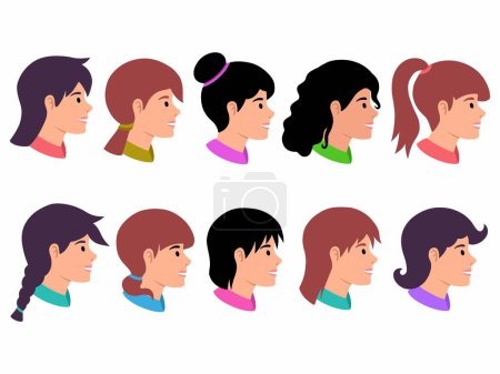 Ilustración de Colección avatar femenina dibujada a mano con diferentes peinados - Imagen libre de derechos
