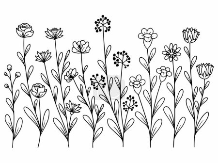 Ilustración de Fondo de arte de línea de flores con estilo de contorno. Vector de flores dibujado a mano para la decoración de flores, marco de flores, borde de esquina de flores e ilustración de arreglos florales - Imagen libre de derechos