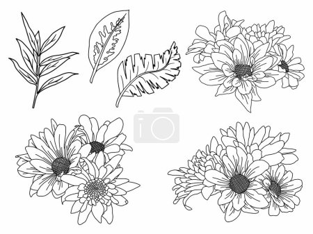 Ilustración de Dibujo de arte de línea de flor de belleza, Flores de arte de línea dibujada a mano - Imagen libre de derechos