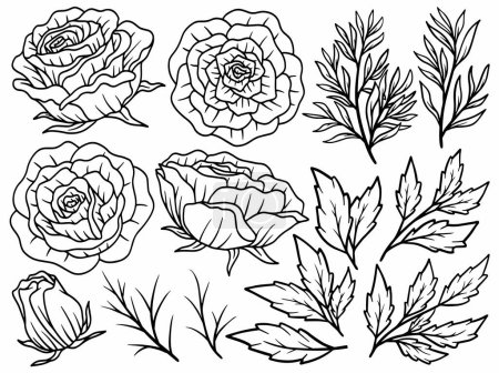 Téléchargez les illustrations : Fleur botanique abstraite ligne art, dessin à la main des fleurs d'art, vecteur fleur feuille et branches illustration - en licence libre de droit