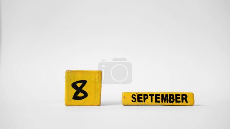 SEPTEMBER 8 Wooden calendar. International Literacy Day. White background with space for your text