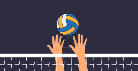 Illustration for Volleyball game. People hit their hands on the volleyball ball. Vector illustration flat design. isolated on white background. Sports holidays, lifestyle. eps 10 - Royalty Free Image