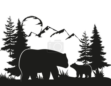 Illustration for Vector Double exposure, bear for your design, wildlife concept. Silhouette of bear standing on grass hill. Mountains and forest in the background. Magical landscape, trees, animal. Eps 10 - Royalty Free Image
