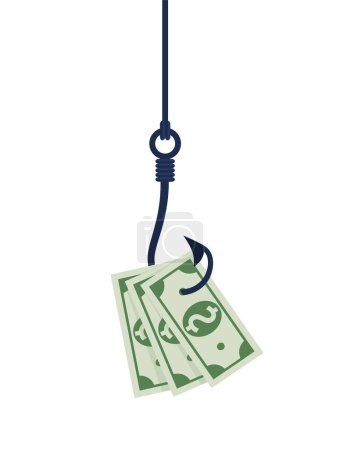Fishhook business concept - money symbol as trap. Deception, a trap on the hook. Illustration in flat style. EPS 10