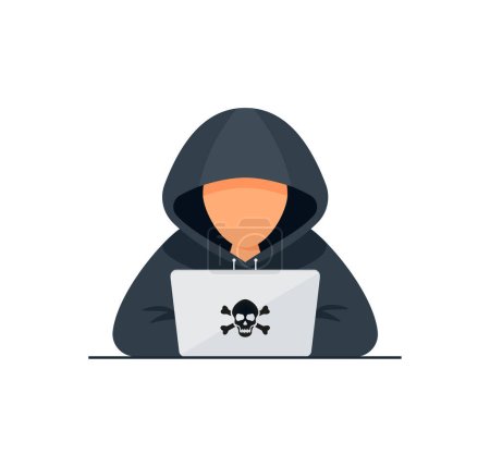 Ilustración de Concepto de vector Hacker: Hombre desconocido que roba datos del correo electrónico mientras usa el ordenador portátil eps 10 - Imagen libre de derechos