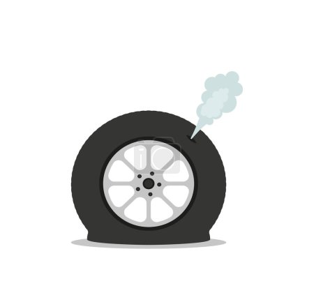 Illustration for Deflated automobile tire. Punctured wheel of car. Element of Tire service station. Cartoon flat illustration. Comic air and smoke. Accident and repair Eps 10 - Royalty Free Image