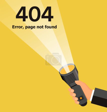 Erreur d'écran 404, page introuvable. Lampe de poche briller sur le texte et le bouton. Illustration vectorielle plate
