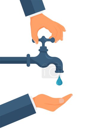 Ilustración de Hand opens or closes a water tap, save water,concept of eco and world water day. eps 10 - Imagen libre de derechos