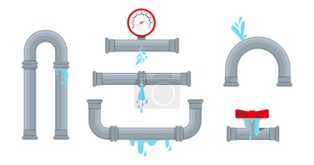 Broken metal pipe with leaking water, flat style vector illustration. Part of the pipeline. Eps 10