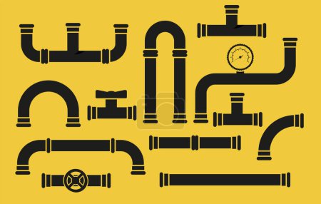 Conjunto de iconos vectoriales de accesorios de tubería. Industria de tubos, tubería de construcción, sistema de drenaje, ilustración de vectores. EPS 10
