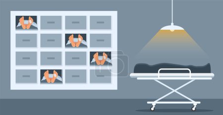Illustration for Interior of morgue. Dead bodies laying in the mortuary.Mortuary room 2D cartoon interior with wheeled bed and equipment for autopsy and embalming on background. Flat cartoon vector illustration eps 10 - Royalty Free Image