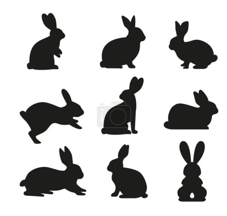 Illustration for Cute Easter Rabbits Silhouette collection. Black Bunny, wild Hare Set isolated on white. Baby party greeting card, Vinyl decal, pet sticker. Tattoo design, animal farm logo. Vector Flat style zoo icon - Royalty Free Image