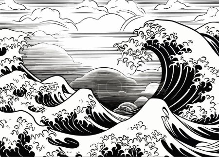 Téléchargez les illustrations : Une grande vague orientale japonaise dans un style vintage gravé rétro eps 10 - en licence libre de droit