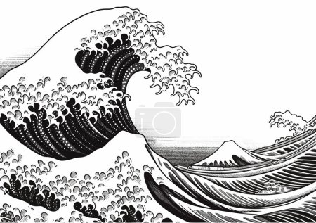 Illustration for An oriental Japanese great wave in a vintage retro engraved etching style eps 10 - Royalty Free Image