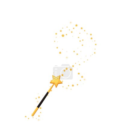 Decorative magic wand with a magic trace. Star shape magic accessory. Magical girl cartoon power. Vector illustration isolated on white background. Web site page and mobile app design