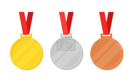 Téléchargez les illustrations : Médailles d'or, d'argent et de bronze avec ruban rouge vecteur plat icônes pour les applications sportives et les sites Web - en licence libre de droit