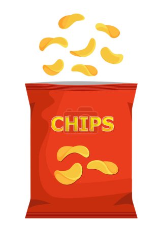 Crispy ripple potato chips flying into pack, vector realistic snacks package. design illustration icon for food and beverage business, potato snack branding element logo vector.