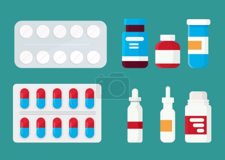 Apotheken-Set. Medikamente, medizinische Produkte. Vektorillustration im flachen Cartoon-Stil.
