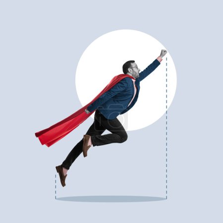 A superhero in a cape rushes to the rescue. Art collage.