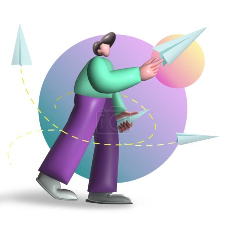 Foto de Ilustración 3D hombre lanza aviones de papel en diferentes direcciones. Concepto de startup, búsqueda, viajes - Imagen libre de derechos