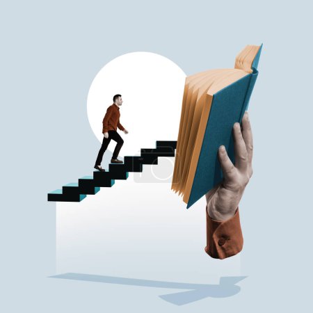Der Mann steigt die Treppe zum offenen Buch hinauf. Kunstcollage.