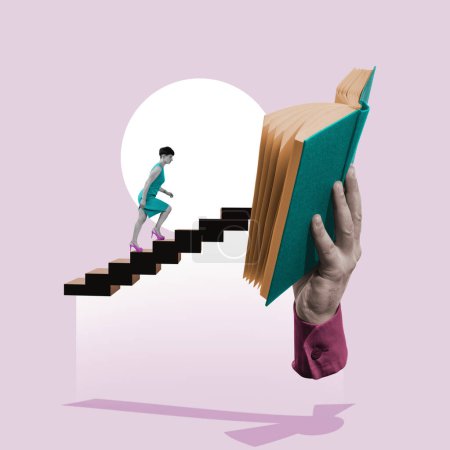 Foto de La mujer sube las escaleras al libro abierto. collage de arte. - Imagen libre de derechos