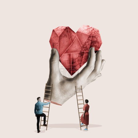 Foto de Un hombre y una mujer suben las escaleras al corazón. collage de arte. - Imagen libre de derechos