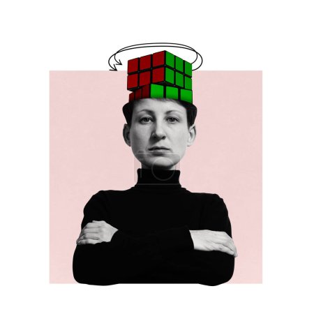 Photo for Woman with a Rubik's cube in her head. Art collage - Royalty Free Image