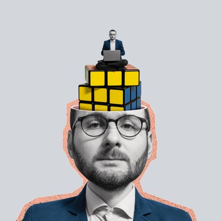 Foto de Hombre con un cubo de Rubik en la cabeza. collage de arte - Imagen libre de derechos