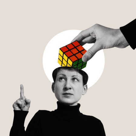 Photo for Woman with a Rubik's cube in her head. Art collage - Royalty Free Image