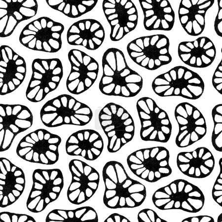 Schwarz-weißes, abstraktes Linolschnittmuster mit nahtlosem Muster. Blumen, Flecken, Zellen 