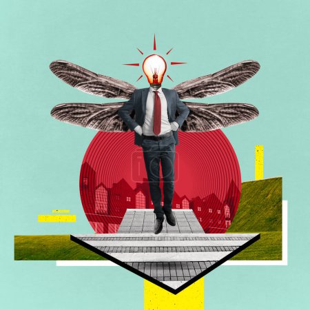 Photo for A man with a light bulb head takes off with the help of his wings. Art collage. - Royalty Free Image