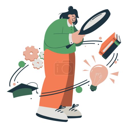 Illustration for A woman looks into a magnifying glass. Concept of search and analysis of educational institutions, educational programs, courses, vacancies - Royalty Free Image