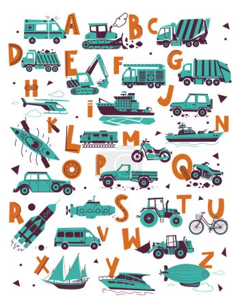 Illustration for English Alphabet with differents type of transport. Stylish ABC poster for boys - Royalty Free Image