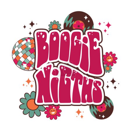 Illustration for Boogie nights. Groovy lettering with disco ball, vinyl records, smiling daisies and glitter stars in vintage colors. Vector emblem, patch, sticker - Royalty Free Image