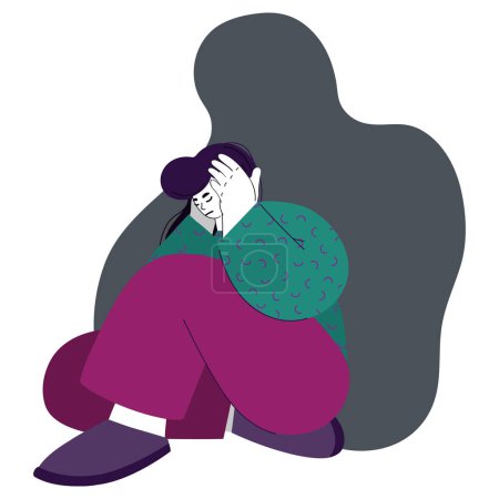 Illustration for Vector illustration of sad unhappy woman covering her head with her hands and behind it a big shadow. Concept of psychological problems, fatigue, fears, headache - Royalty Free Image