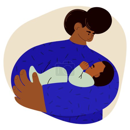Illustration for Vector illustrations portrait of black man holding sleeping baby in his hands. - Royalty Free Image