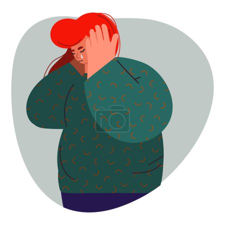 Illustration for Vector illustration of sad crying woman covering her head. Fatigue, loss, headaches, psychological problems, psychological problems - Royalty Free Image