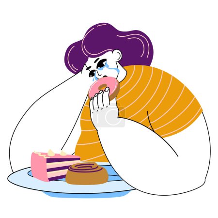 Illustration for An overweight woman is crying and eating a donut, a plate in front of her with a cake and a bun on . Eating disorder concept, eating stress, emotions - Royalty Free Image