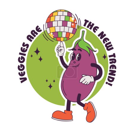 Illustration for Veggies are the new trend! Vector illustration of funny eggplant with disco ball and vegetable advertising. Hand-drawn healthy eating sticker - Royalty Free Image