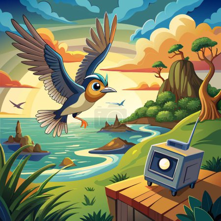 Illustration for Acadian Flycatcher bird cheerful flies ocean TV vector - Royalty Free Image