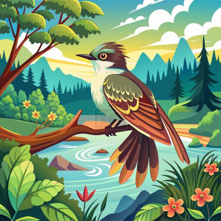 Illustration for Acadian Flycatcher bird cheating dancing lake Tree vector - Royalty Free Image